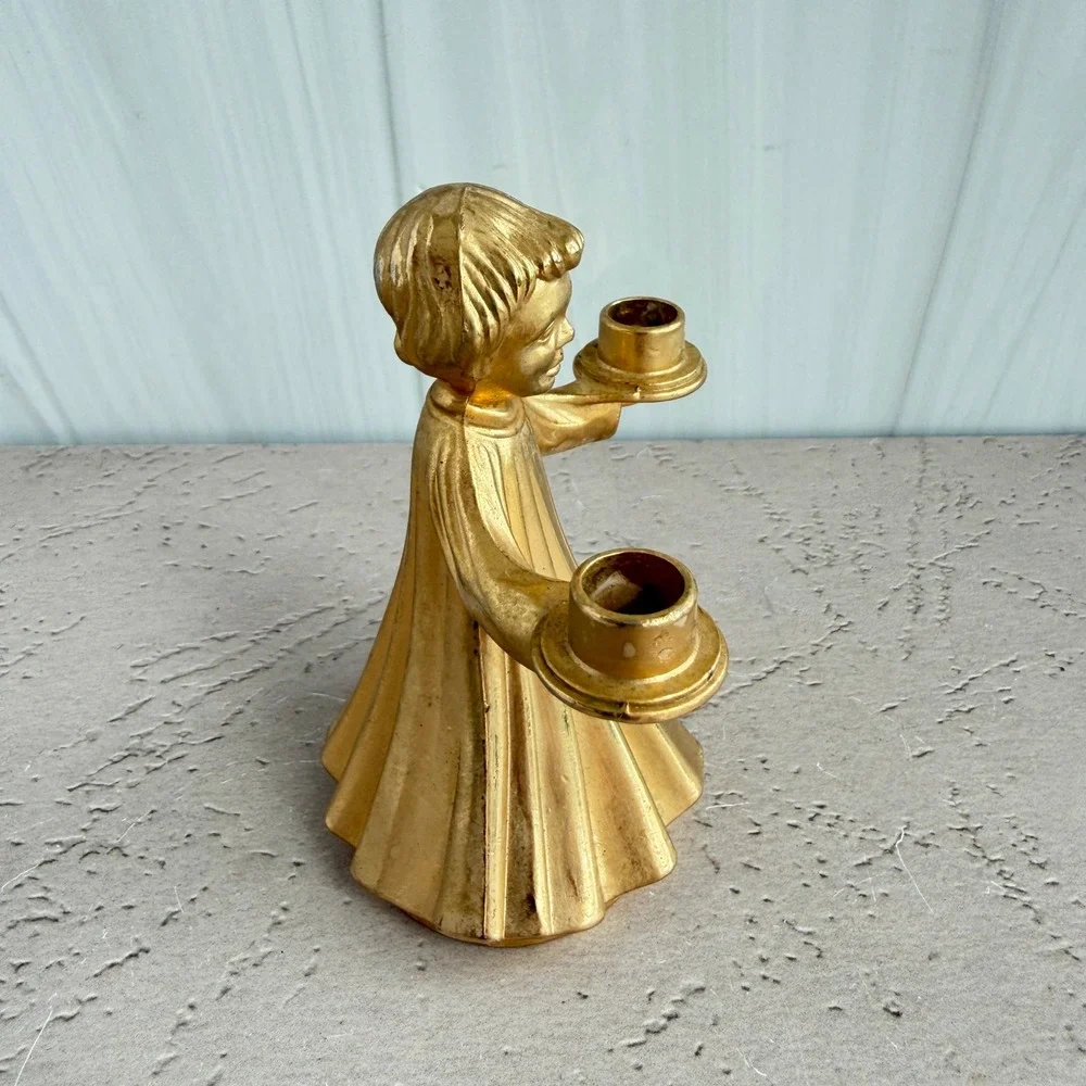 Vintage Gold Tone Metal Angel Choir Boy Double Candle Holder Chime Taper B Mark